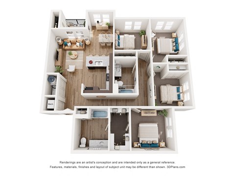 A 3D floor plan of a house with a kitchen, living room, and two bedrooms.